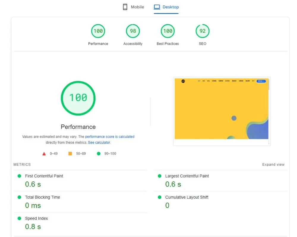 网站速度优化之后,PageSpeed Insights 的 PC 端测速评分报告