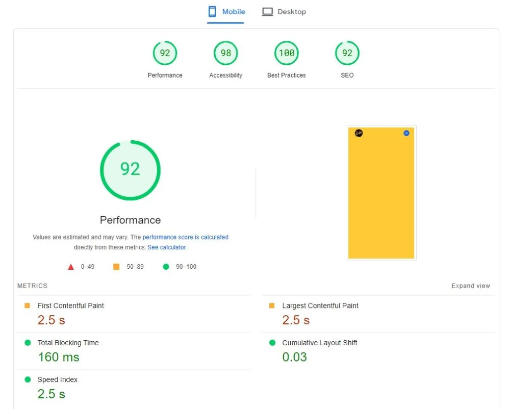 网站速度优化之后,PageSpeed Insights 的移动端测速评分报告